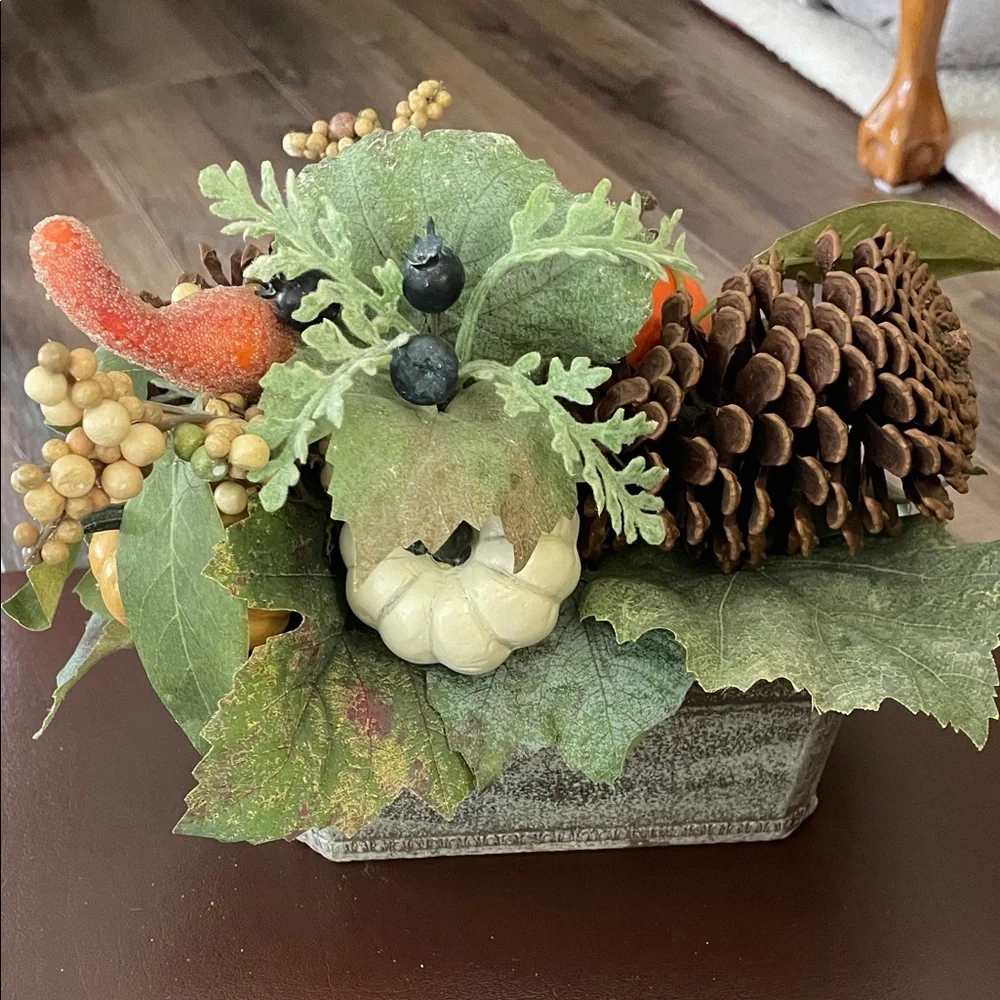 Autumn Harvest Centerpiece with Pinecones and Pumpkins